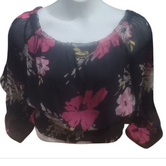 charter club petite sheer floral off shoulder smocked blouse top 12 black pink - Picture 2 of 7